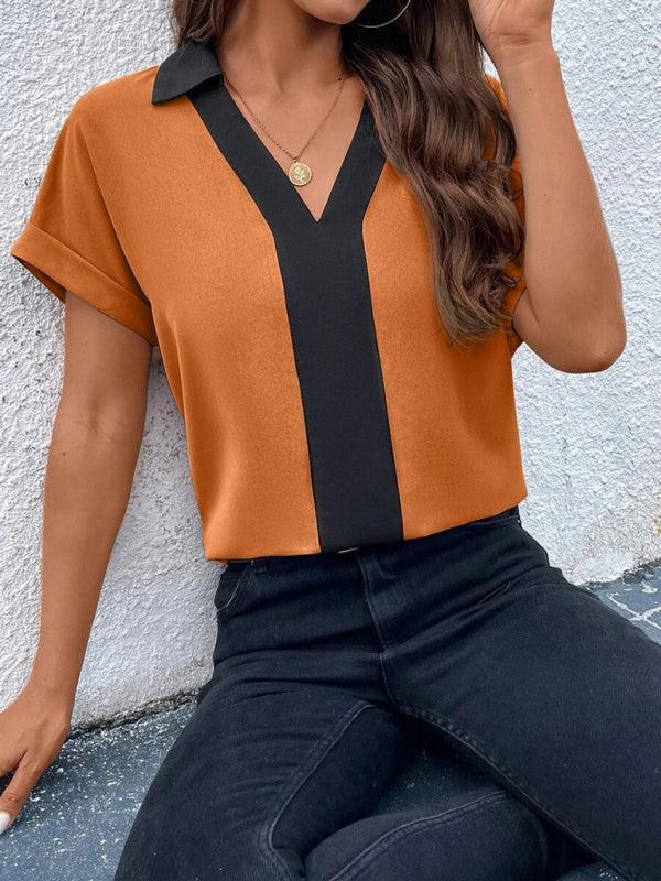 Women's Contrasting Color V-Neck Raglan Sleeve Lapel Loose Top - 808Lush