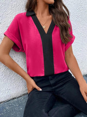 Women's Contrasting Color V-Neck Raglan Sleeve Lapel Loose Top - 808Lush