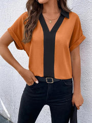 Women's Contrasting Color V-Neck Raglan Sleeve Lapel Loose Top - 808Lush