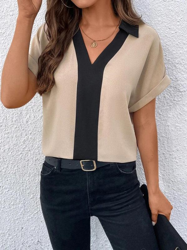 Women's Contrasting Color V-Neck Raglan Sleeve Lapel Loose Top - 808Lush