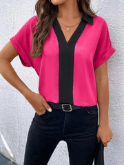 Women's Contrasting Color V-Neck Raglan Sleeve Lapel Loose Top - 808Lush