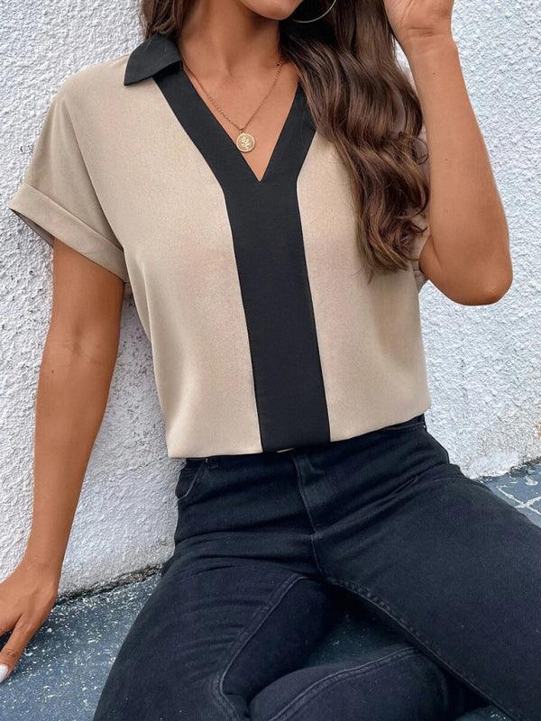 Women's Contrasting Color V-Neck Raglan Sleeve Lapel Loose Top - 808Lush