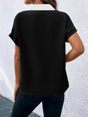 Women's Contrasting Color V-Neck Raglan Sleeve Lapel Loose Top - 808Lush