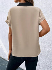 Women's Contrasting Color V-Neck Raglan Sleeve Lapel Loose Top - 808Lush