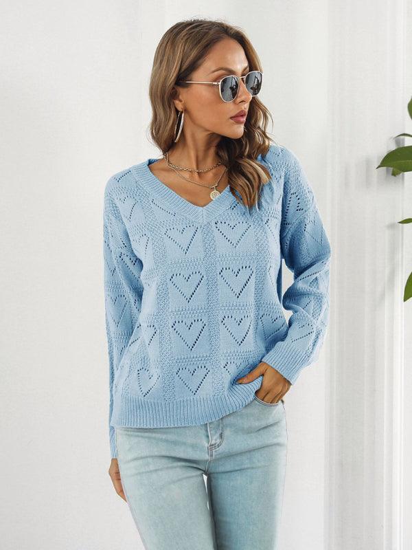 Women's Cutout Heart Plaid Drop-Shoulder Sleeve Sweater - 808Lush