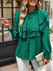 Women's Elegant Ruffled Stand-Collar Button-Down Shirt - 808Lush