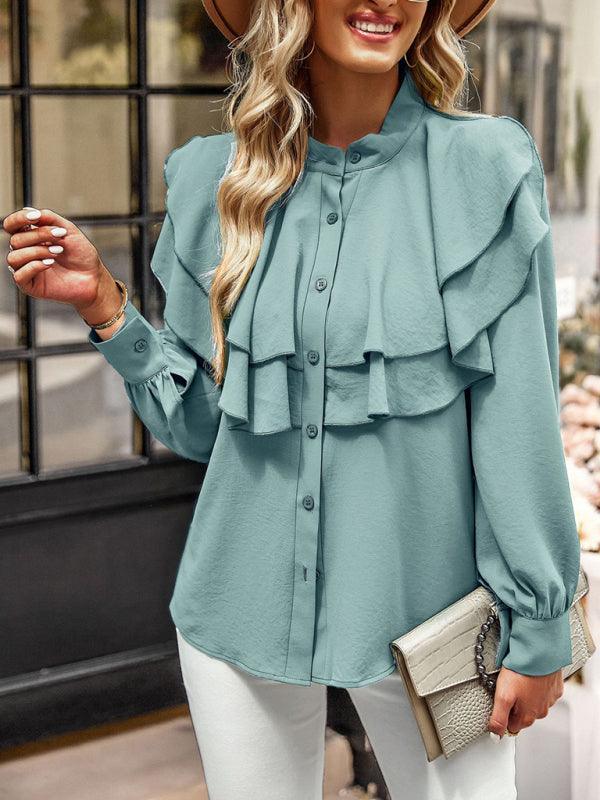 Women's Elegant Ruffled Stand-Collar Button-Down Shirt - 808Lush