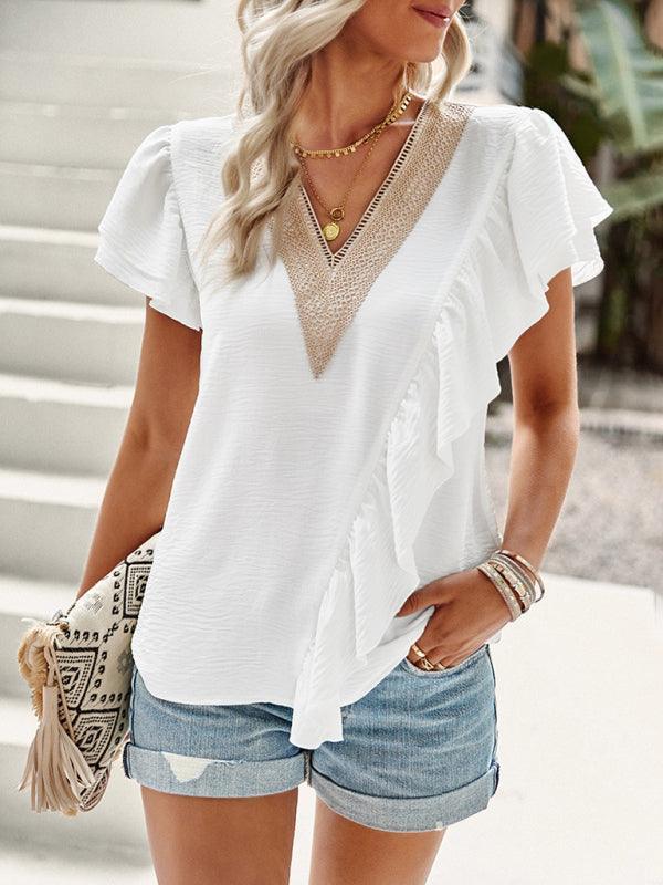 Women's Elegant Solid Color V Neck Ruffle Short Sleeve Top - 808Lush