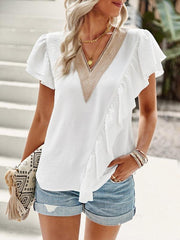 Women's Elegant Solid Color V Neck Ruffle Short Sleeve Top - 808Lush