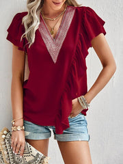 Women's Elegant Solid Color V Neck Ruffle Short Sleeve Top - 808Lush