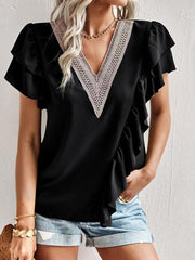 Women's Elegant Solid Color V Neck Ruffle Short Sleeve Top - 808Lush