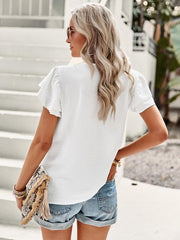 Women's Elegant Solid Color V Neck Ruffle Short Sleeve Top - 808Lush