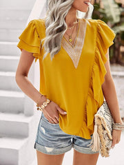 Women's Elegant Solid Color V Neck Ruffle Short Sleeve Top - 808Lush