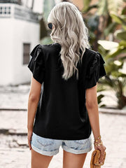 Women's Elegant Solid Color V Neck Ruffle Short Sleeve Top - 808Lush