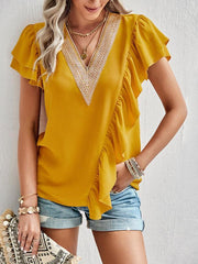 Women's Elegant Solid Color V Neck Ruffle Short Sleeve Top - 808Lush