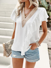 Women's Elegant Solid Color V Neck Ruffle Short Sleeve Top - 808Lush