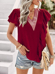 Women's Elegant Solid Color V Neck Ruffle Short Sleeve Top - 808Lush
