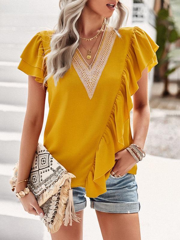 Women's Elegant Solid Color V Neck Ruffle Short Sleeve Top - 808Lush