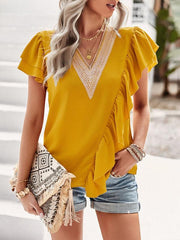 Women's Elegant Solid Color V Neck Ruffle Short Sleeve Top - 808Lush