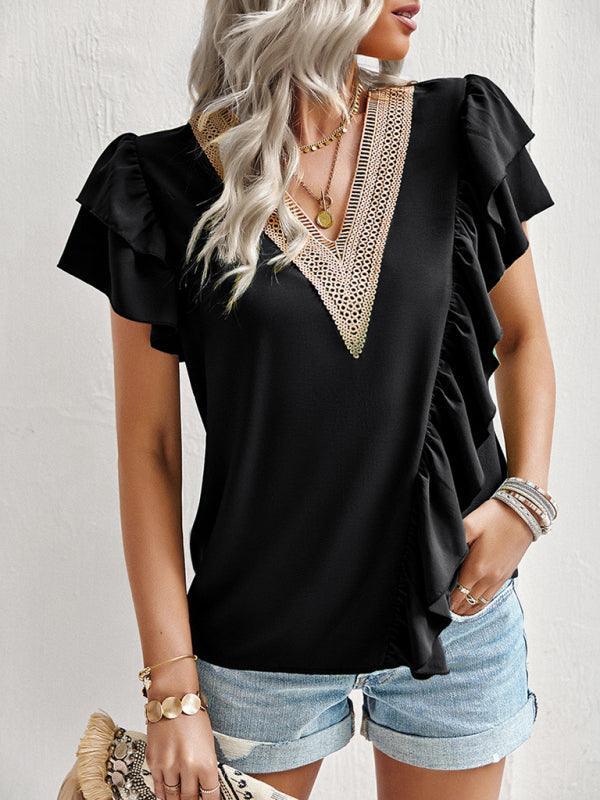 Women's Elegant Solid Color V Neck Ruffle Short Sleeve Top - 808Lush