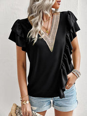 Women's Elegant Solid Color V Neck Ruffle Short Sleeve Top - 808Lush