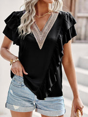 Women's Elegant Solid Color V Neck Ruffle Short Sleeve Top - 808Lush