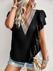 Women's Elegant Solid Color V Neck Ruffle Short Sleeve Top - 808Lush