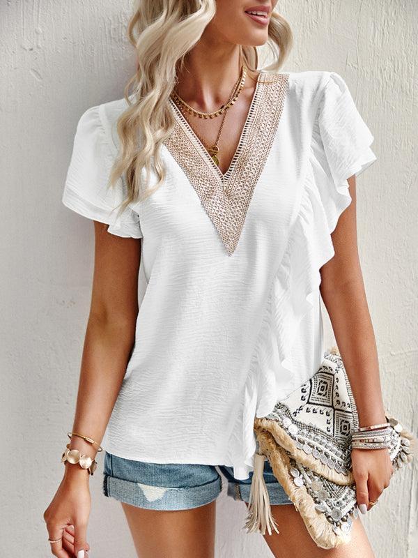 Women's Elegant Solid Color V Neck Ruffle Short Sleeve Top - 808Lush