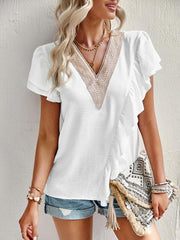 Women's Elegant Solid Color V Neck Ruffle Short Sleeve Top - 808Lush