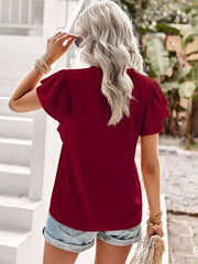 Women's Elegant Solid Color V Neck Ruffle Short Sleeve Top - 808Lush