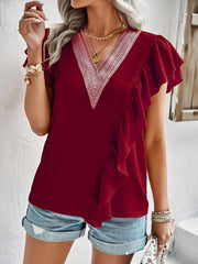 Women's Elegant Solid Color V Neck Ruffle Short Sleeve Top - 808Lush