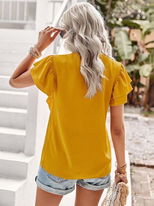 Women's Elegant Solid Color V Neck Ruffle Short Sleeve Top - 808Lush