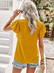 Women's Elegant Solid Color V Neck Ruffle Short Sleeve Top - 808Lush