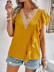 Women's Elegant Solid Color V Neck Ruffle Short Sleeve Top - 808Lush