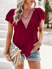 Women's Elegant Solid Color V Neck Ruffle Short Sleeve Top - 808Lush