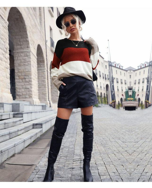 Women's Fall Loose Long Sleeve Colorblock Sweater - 808Lush