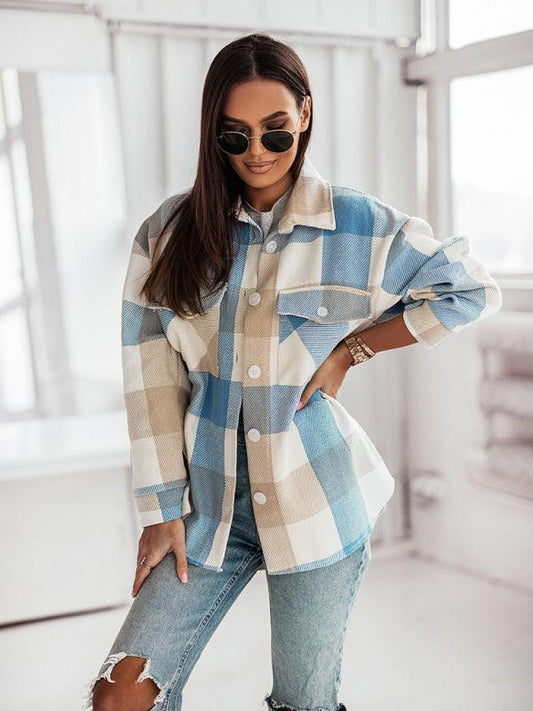 Women's Fashion Color Plaid Shirt Brushed Wool Jacket - 808Lush