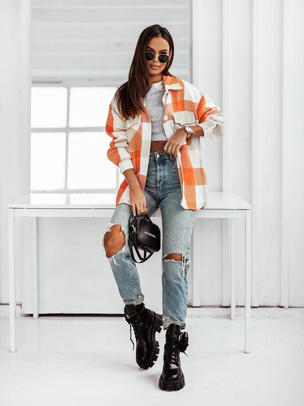Women's Fashion Color Plaid Shirt Brushed Wool Jacket - 808Lush