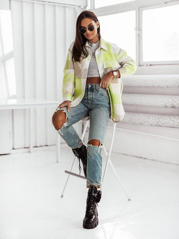 Women's Fashion Color Plaid Shirt Brushed Wool Jacket - 808Lush