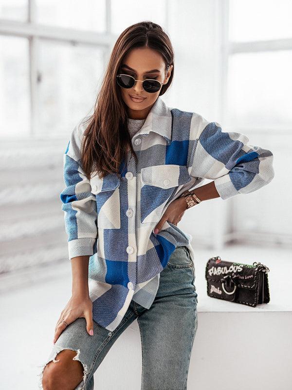 Women's Fashion Color Plaid Shirt Brushed Wool Jacket - 808Lush