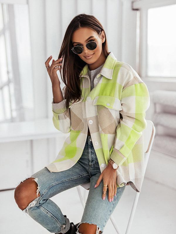 Women's Fashion Color Plaid Shirt Brushed Wool Jacket - 808Lush