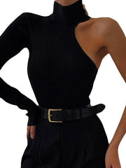 Women's Fashion One Shoulder Long Sleeve Round Neck Slim Fit Solid Color bodysuit - 808Lush