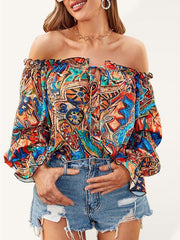 Women's Fashion Sexy Off Shoulder Long Sleeve Printed Shirt - 808Lush