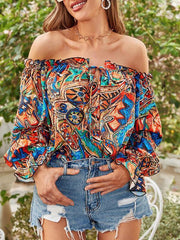 Women's Fashion Sexy Off Shoulder Long Sleeve Printed Shirt - 808Lush