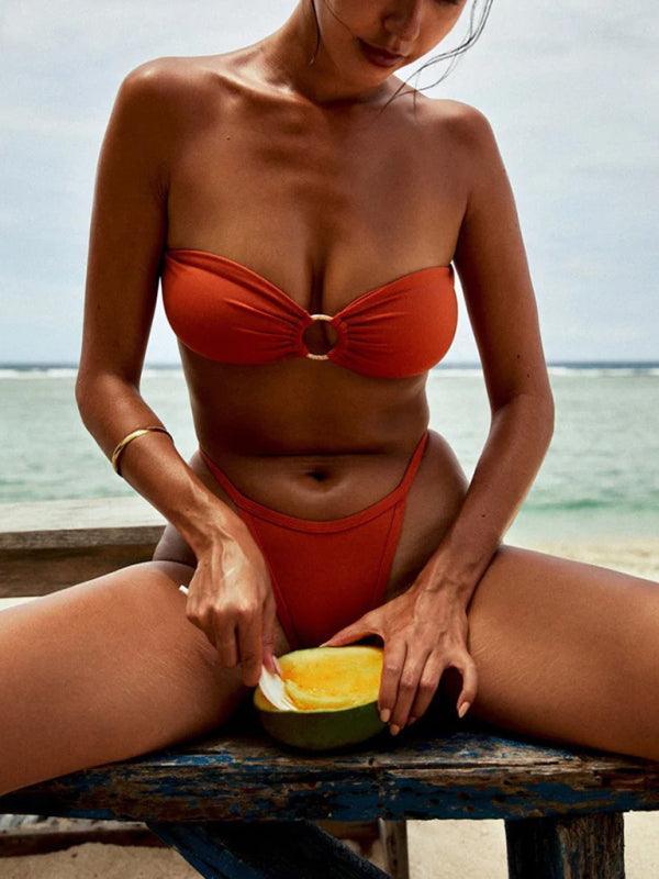 Women's Fashion Sexy Two Piece Vacation Solid Color Ring Bikini Set - 808Lush