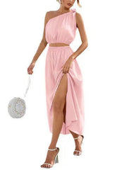 Women's Fashion Slanted Shoulder Bow Knot Set Slit Large Swing Dress Two-Piece Set - 808Lush