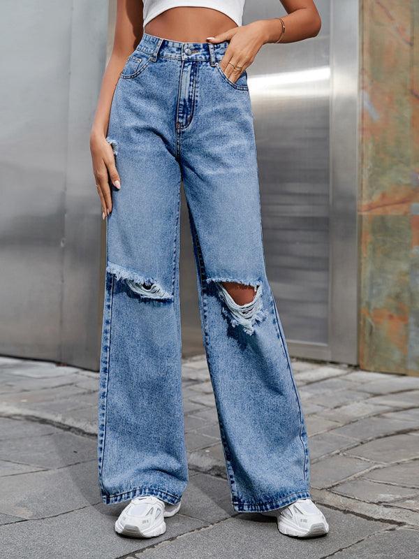 Women's Fashion ripped high waist wide leg casual denim trousers - 808Lush