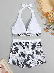 Women's High Waist Boxer Tie Printed Solid Color Panel Bikini - 808Lush