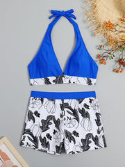 Women's High Waist Boxer Tie Printed Solid Color Panel Bikini - 808Lush