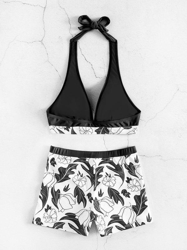 Women's High Waist Boxer Tie Printed Solid Color Panel Bikini - 808Lush